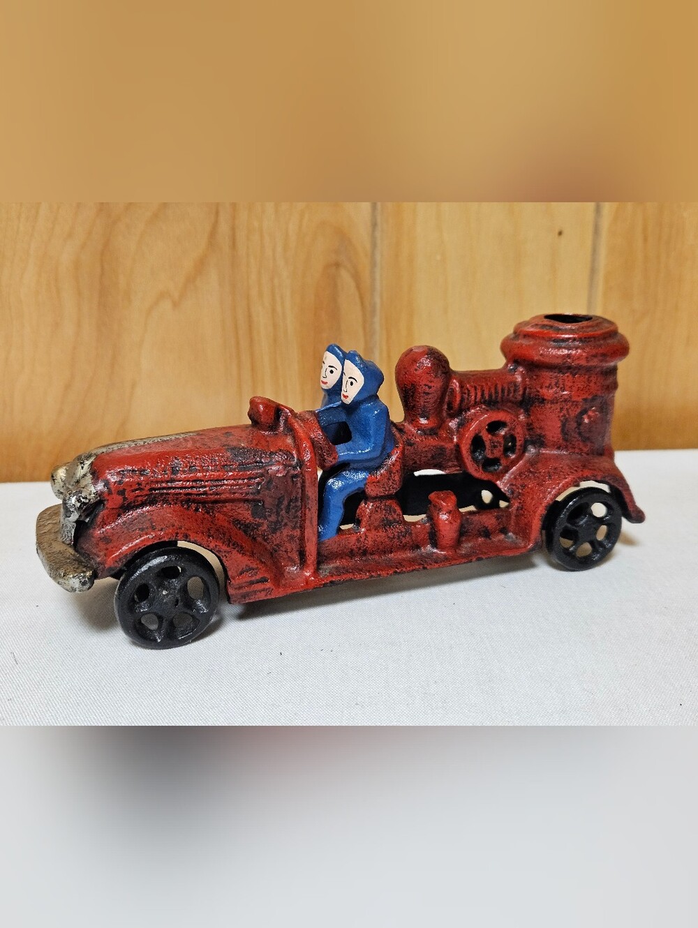 Vintage Cast Iron Fire Pumper Cast Iron Toy Fire Truck 2 people A.C. Williams
